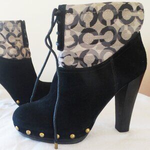 COACH EDIVA Size 7B Boots, Suede Canvas Ankle Platform 4" Heel Booties Studded